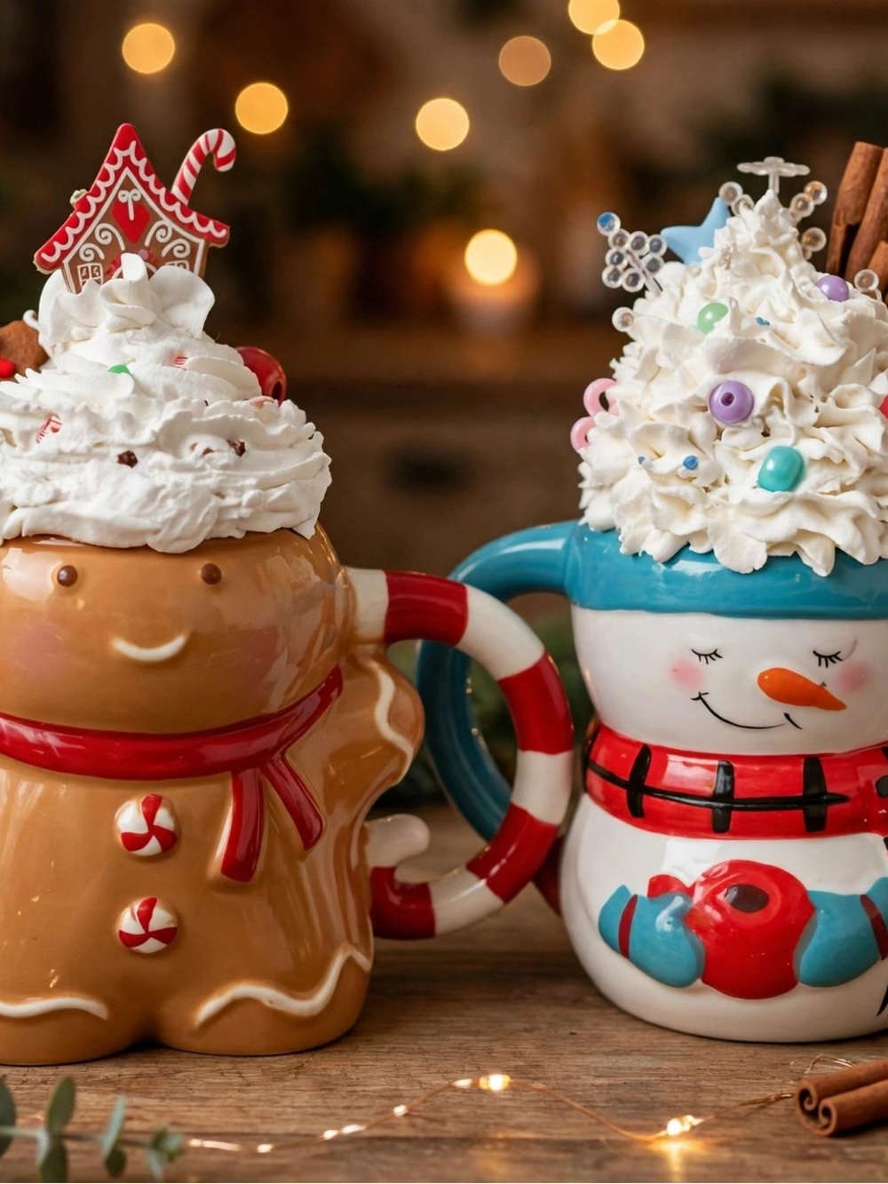 Holiday Gingerbread and Snowman Mug Set - Festive Ceramic Hot Cocoa Mugs - Picture 2 of 7